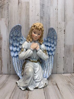 Vintage Angel Figurine Praying Kneeling Blue & Gold Wings Home Decor